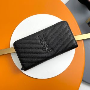 Saint Laurent Large Monogram Zip Around Wallet In Grained Matelasse Leather Black
