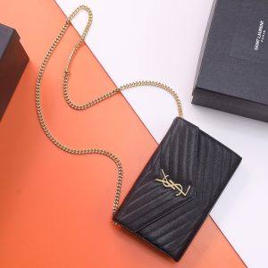 Saint Laurent Classic Cassandre Chain Wallet In Grain De Poudre Leather Black/Gold