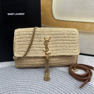 Saint Laurent Kate 99 Tassel Bag In Raffia Beige/Gold