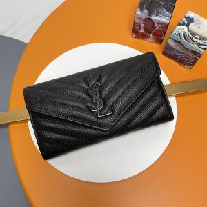 Saint Laurent Large Monogram Flap Wallet In Grained Matelasse Leather Black