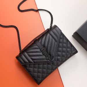 Saint Laurent Medium Envelope Flap Bag In Quilted Grain De Poudre Embossed Leather Black
