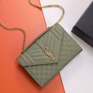 Saint Laurent Medium Envelope Flap Bag In Quilted Grain De Poudre Embossed Leather Green/Gold