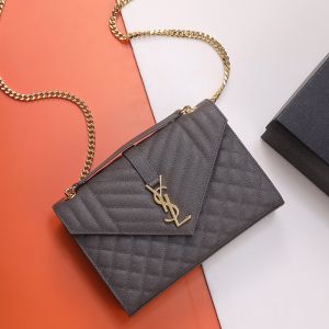 Saint Laurent Medium Envelope Flap Bag In Quilted Grain De Poudre Embossed Leather Grey/Gold