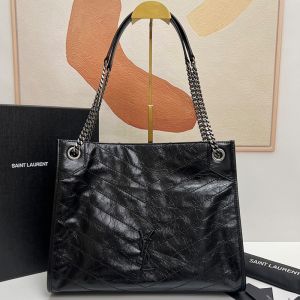 Saint Laurent Medium Niki Shopping Bag In Crinkled Vintage Leather Black/Silver