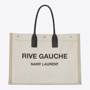 Saint Laurent Rive Gauche Tote In Linen and Leather White