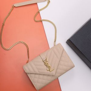 Saint Laurent Small Envelope Chain Bag In Mixed Grained Matelasse Leather Apricot/Gold
