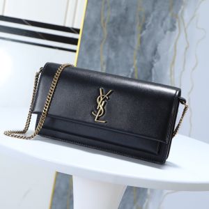 Saint Laurent Sunset Clutch In Box Leather Black/Gold