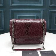 Saint Laurent Baby Niki Chain Bag In Crinkled And Quilted Leather Burgundy/Silver