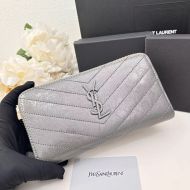 Saint Laurent Large Cassandra Zip Around Wallet In Crinkled Matelasse Leather Grey