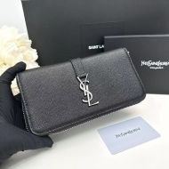 Saint Laurent Large Line Zip Around Wallet In Grained Leather Black/Silver