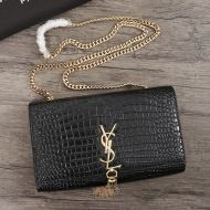 Saint Laurent Medium Kate Chain Bag with Tassel In Crocodile Embossed Shiny Leather Black/Gold