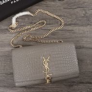 Saint Laurent Medium Kate Chain Bag with Tassel In Crocodile Embossed Shiny Leather Grey/Gold