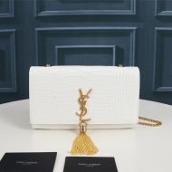 Saint Laurent Medium Kate Chain Bag with Tassel In Crocodile Embossed Shiny Leather White/Gold