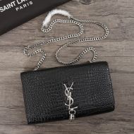 Saint Laurent Medium Kate Chain Bag with Tassel In Crocodile Embossed Shiny Leather Black/Silver