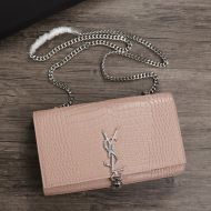 Saint Laurent Medium Kate Chain Bag with Tassel In Crocodile Embossed Shiny Leather Pink/Silver
