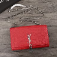 Saint Laurent Medium Kate Chain Bag with Tassel In Crocodile Embossed Shiny Leather Red/Silver