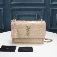 Saint Laurent Medium Sunset Chain Bag In Crocodile Embossed Leather Apricot/Silver