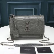 Saint Laurent Medium Sunset Chain Bag In Crocodile Embossed Leather Grey/Silver