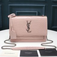 Saint Laurent Medium Sunset Chain Bag In Crocodile Embossed Leather Pink/Silver