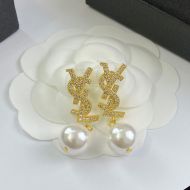 Saint Laurent Vintage YSL Pearl Earrings In Crystal Brass Gold