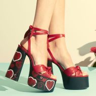Saint Laurent Paige Platform Sandals In Leather with Hearts Motif Red