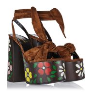 Saint Laurent Paige Platform Sandals In Suede With Floral Motif Brown