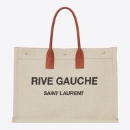 Saint Laurent Rive Gauche Tote In Linen And Leather Beige