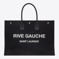 Saint Laurent Rive Gauche Tote In Linen And Leather Black