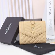 Saint Laurent Small Envelope Trifold Wallet In Mixed Grained Matelasse Leather Apricot/Gold
