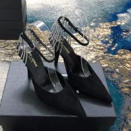 Saint Laurent Vesper Slingback Pumps In Tweed and Leather with Sling Chains Black/Silver